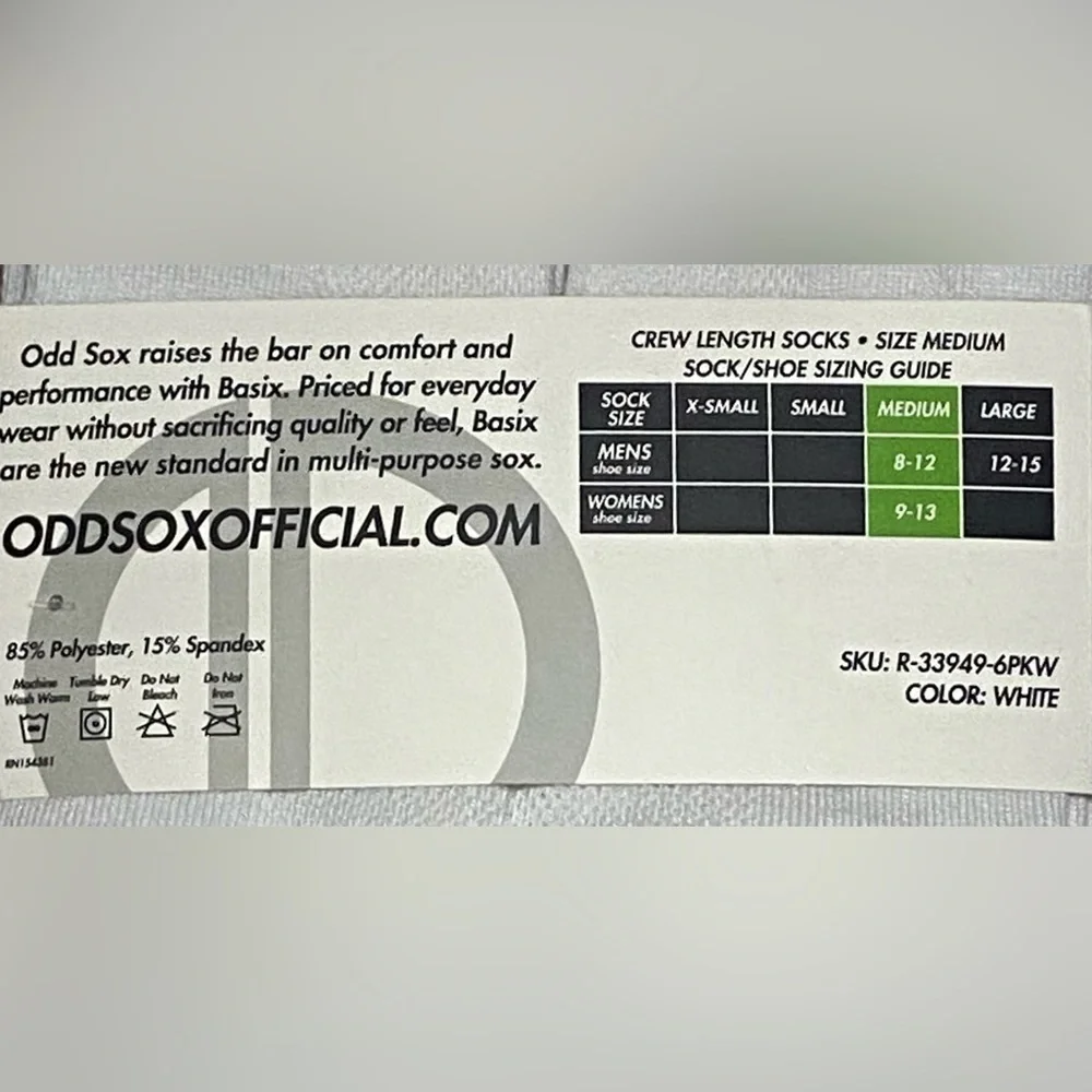 BASIX BY ODD SOX athletic Cushioned Crew Socks 6 Pairs tall white Black X logo